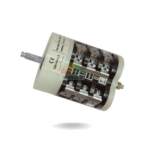 Cam switch 16A 690V with a metal shaft and screw terminals on a white background.