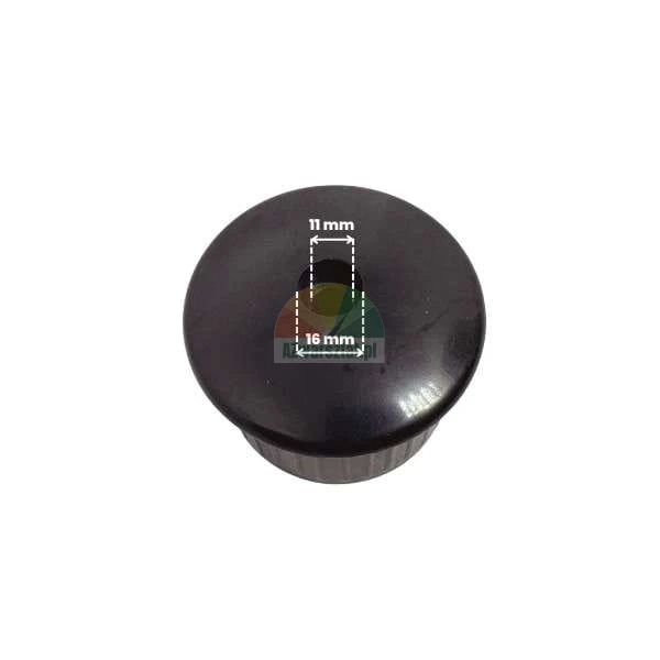 Black round plastic cap with dimensions for 11 mm and 16 mm holes.