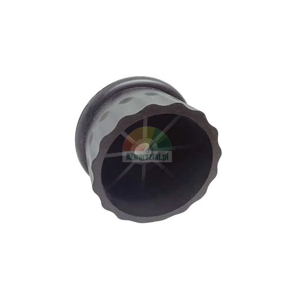 Black rubber furniture leg cap with scalloped edge and internal reinforcement ribs.