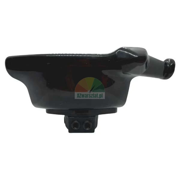 Side view of a black glossy sewing machine component on a white background.