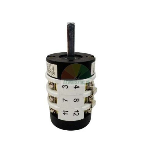 Rotary cam switch with terminals 3, 4, 7, 8, 11, 12 on a white and black body.