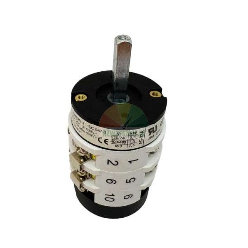 Industrial rotary cam switch with a metal shaft and terminal markings, visible nameplate with technical specifications.