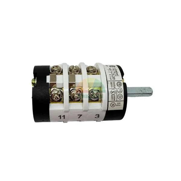 3-phase rotary cam switch with visible screw terminals and a metal shaft on a white background