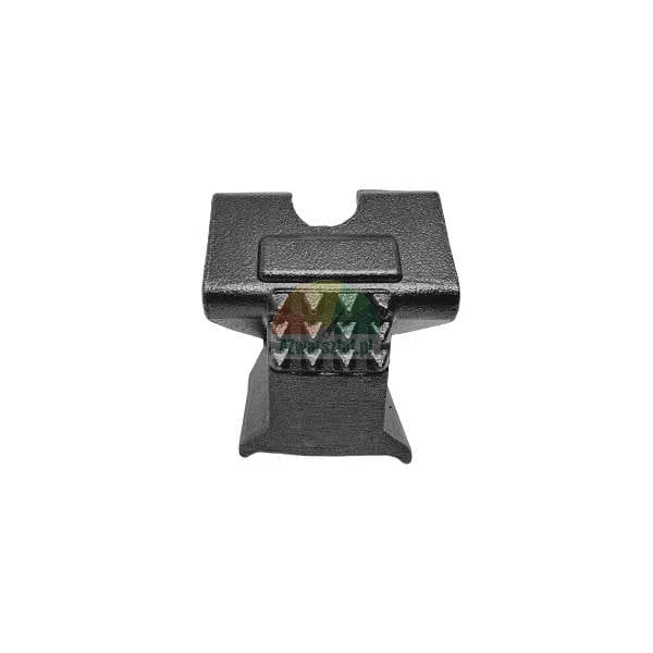 Black textured magazine release button for a firearm, top view.