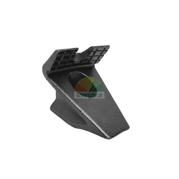 Black metal excavator bucket tooth with a wedge shape on a white background