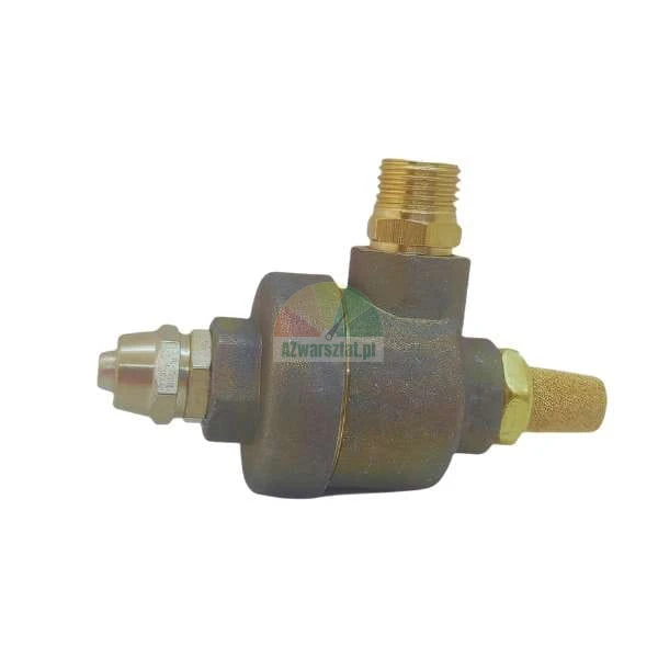 Metal pneumatic valve with brass connections and a sintered filter on a white background.