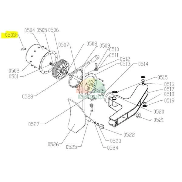 Technical exploded view diagram of a machine assembly with part 0503 highlighted in yellow.