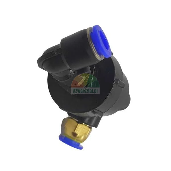 Black pneumatic elbow valve or fitting with blue release rings.