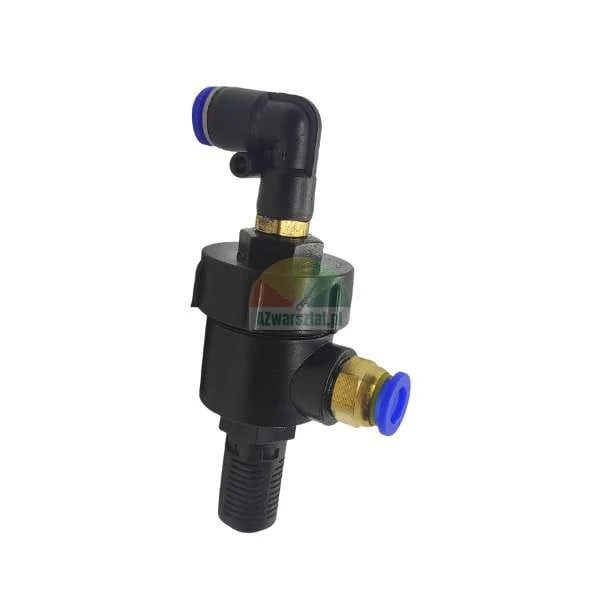 Pneumatic valve assembly with black plastic body, brass fittings, and blue push-to-connect rings.
