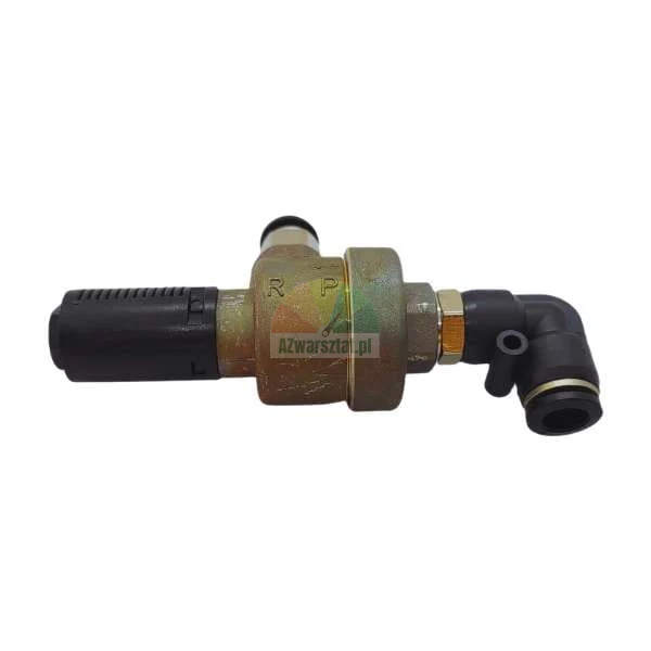 Pneumatic pressure regulator valve with black plastic knob and elbow connector, markings R and P.