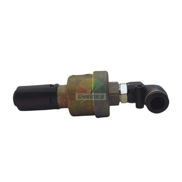 Pressure switch with a metal body, black electrical connector and right-angle pneumatic fitting.