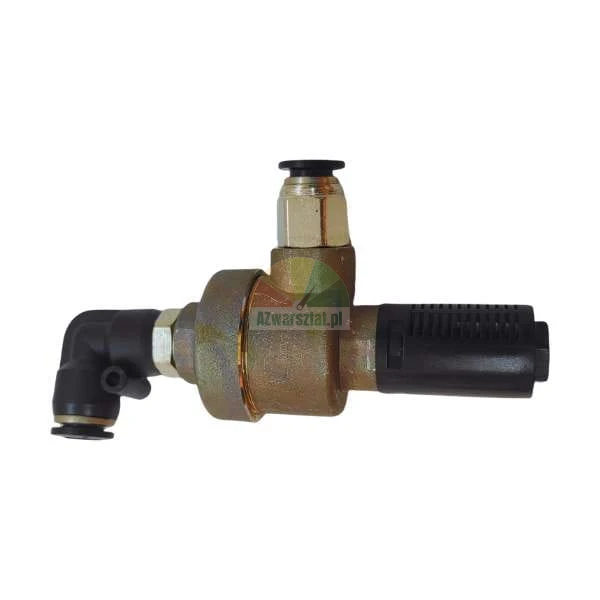Brass pneumatic valve assembly with push-in fittings and a black plastic silencer.