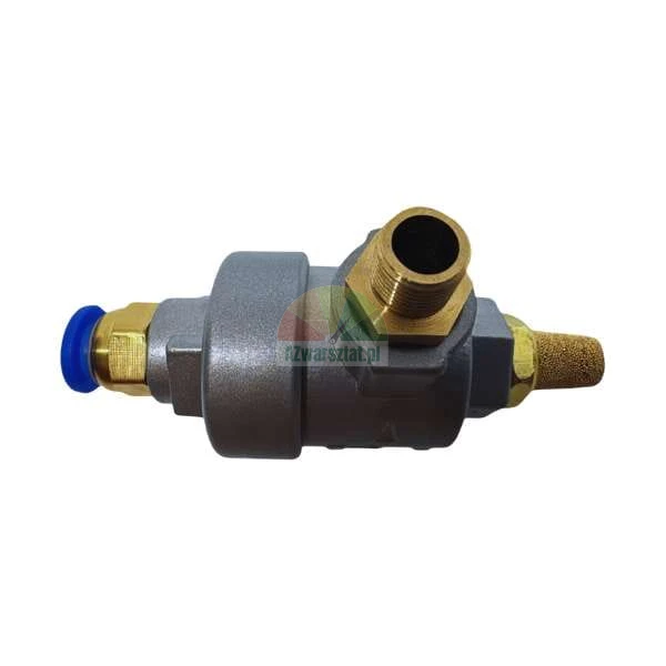 Pneumatic vacuum generator with blue push-in fitting, brass thread, and sintered bronze silencer on a white background.