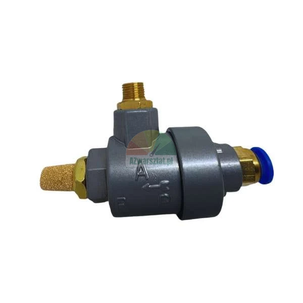 Pneumatic quick exhaust valve with a brass sintered silencer and blue push-in fitting on a grey body