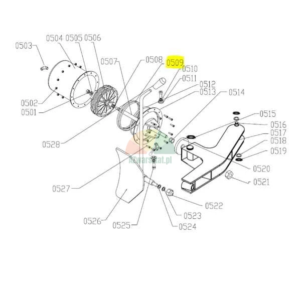 Technical exploded assembly drawing of a machine with part number 0509 highlighted.