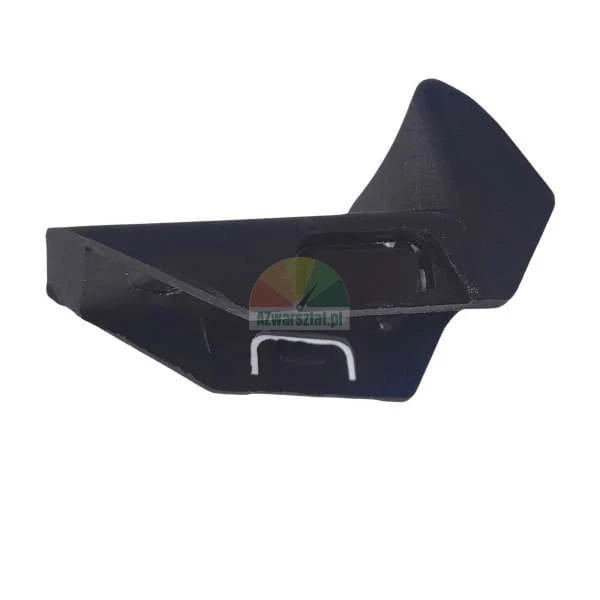 Black plastic mounting component with a visible white clip on a white background.