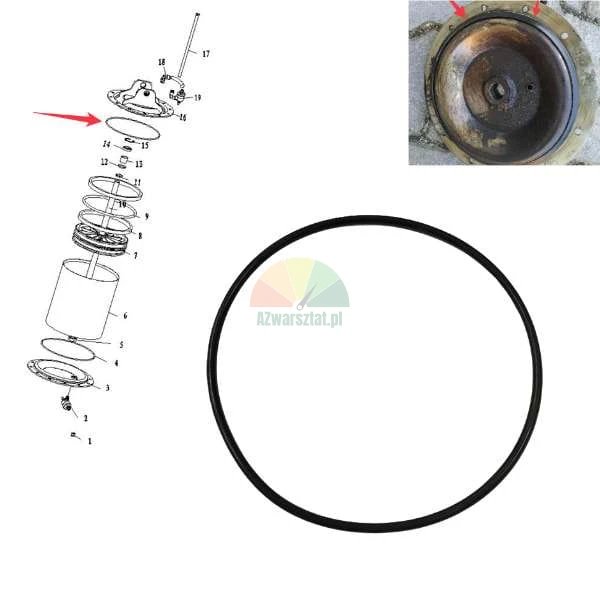 Black rubber O-ring seal for mechanical assembly, technical diagram and installation view