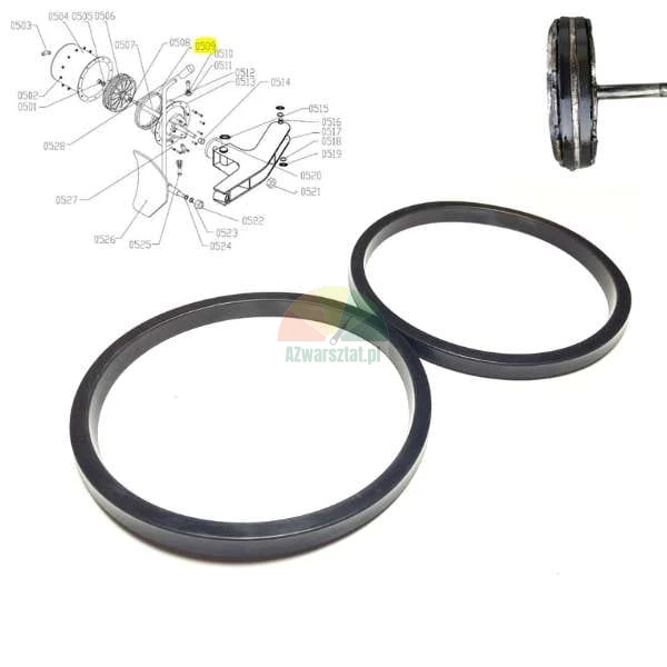 Two black rubber rings, gaskets for construction machinery with a technical assembly diagram.