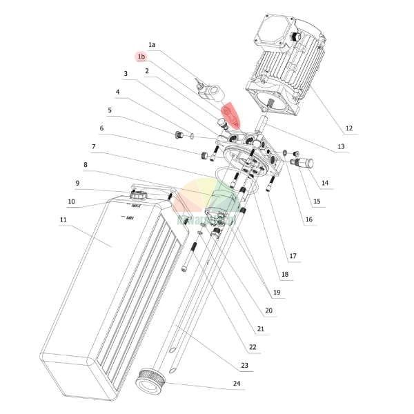 Technical exploded view drawing of a hydraulic power pack with numbered components.
