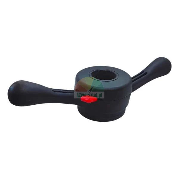 Black quick-release wing nut for a wheel balancer with a red release button.
