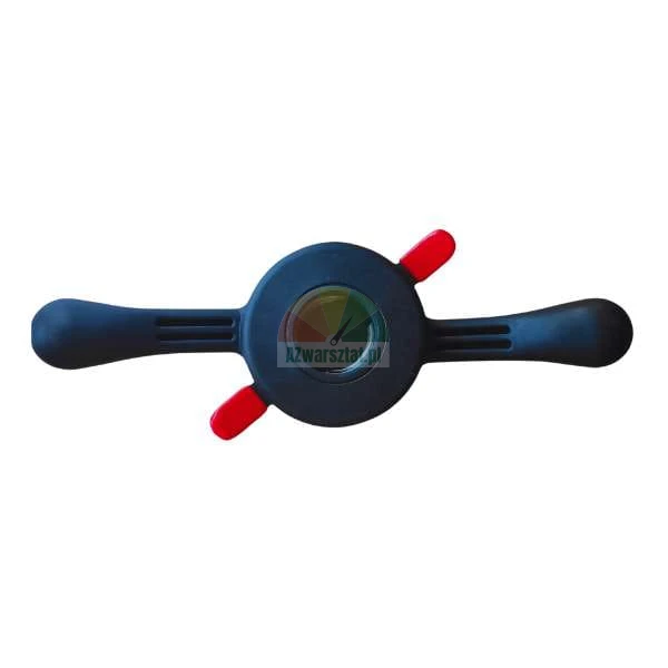 Black universal cap and jar opener with two ergonomic handles and red accents.