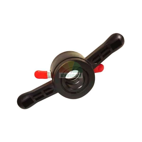 Black quick release wing nut for wheel balancer with red handles.