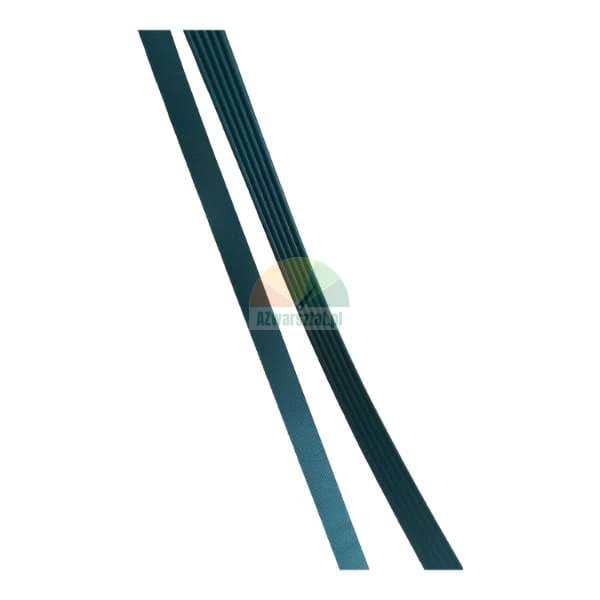 Two dark green drive belts on a white background, one flat and one multi-ribbed.