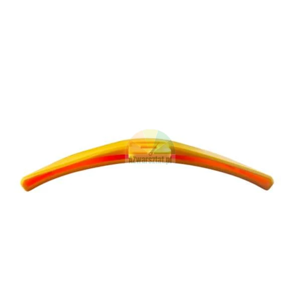 Yellow curved plastic component with red accents and a central mounting slot on a white background.