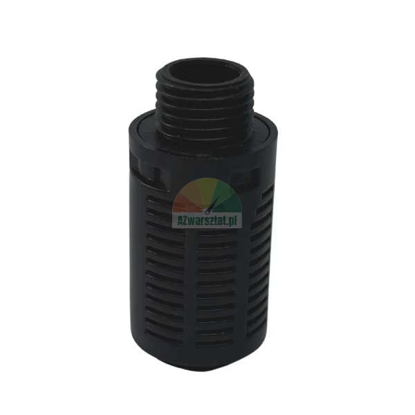 Black plastic suction strainer with male thread and intake slots for pumps or irrigation systems.
