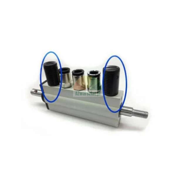 Pneumatic cylinder with fittings, two black components highlighted with blue circles