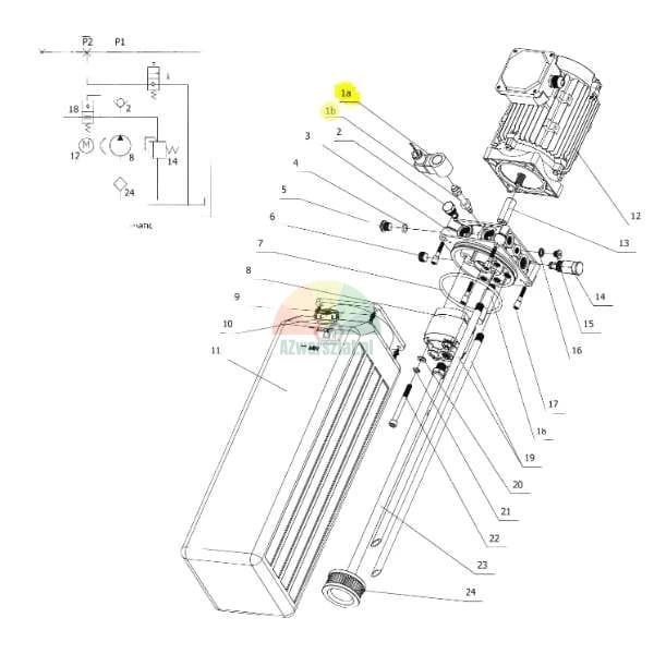 Technical exploded view drawing and hydraulic schematic of a device with numbered components from 1 to 24, including a motor and tank.