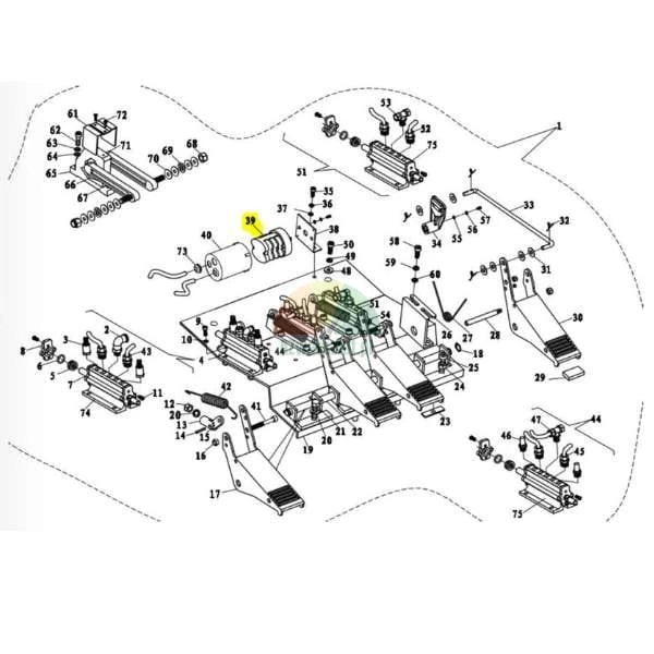 Technical diagram of a pedal assembly with numbered components and part 39 highlighted in yellow.