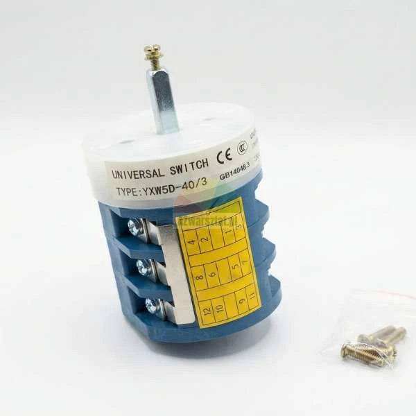 Universal cam switch model YXW5D-40/3, blue and white housing with a yellow wiring diagram label.