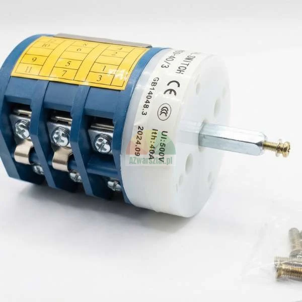 Industrial rotary cam switch 40A 500V with blue housing and metal shaft.