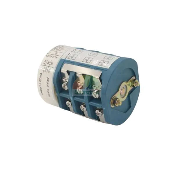 Industrial blue cam switch for electrical control panels with terminal screws and diagrams.