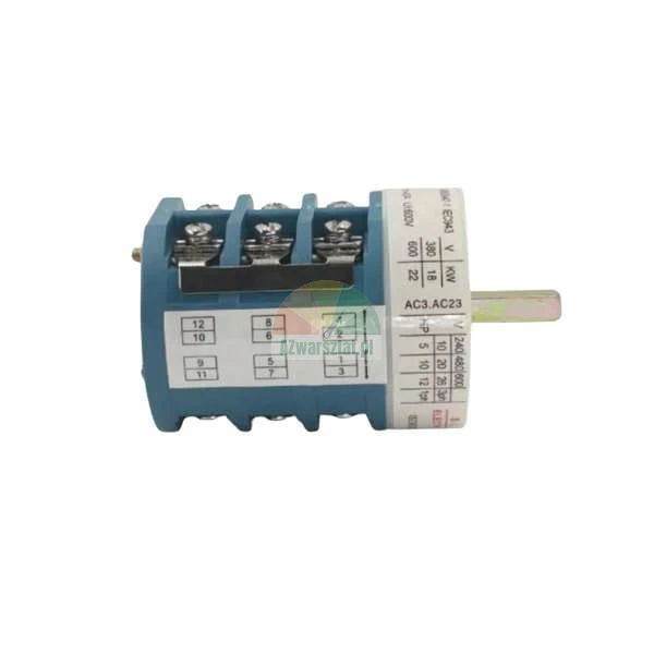 Blue rotary cam switch with a metal shaft and connection diagram on the side.