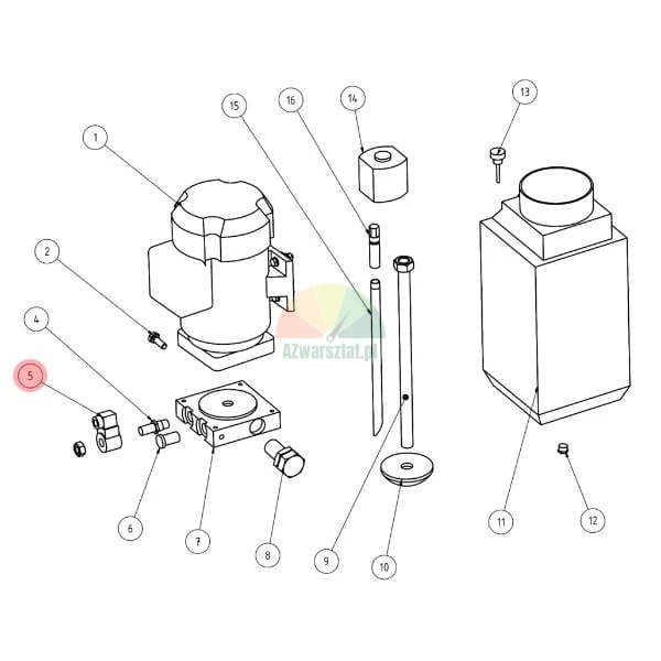 Technical assembly drawing of a device with component number 5 highlighted in a red circle.