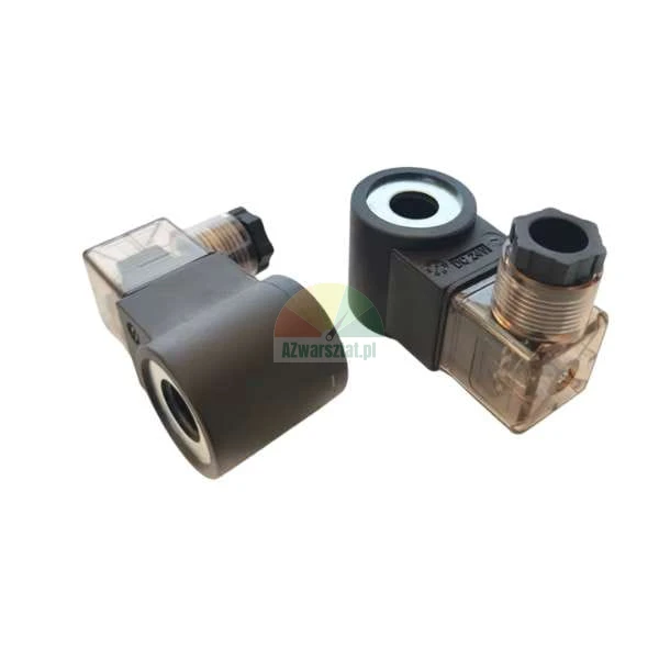 Two solenoid valve coils with transparent DIN connectors and black housing.
