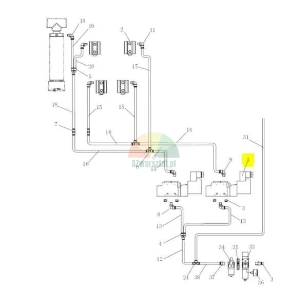 Technical diagram of a hydraulic system with numbered components, number 1 highlighted in yellow.