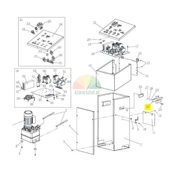 Technical exploded view diagram of a control cabinet with component 23 highlighted in yellow.