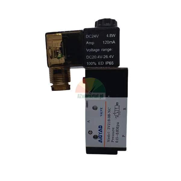 Pneumatic solenoid valve AIGYAD 3V210-08-NC, DC 24V, 3/2-way NC, IP65 protection.