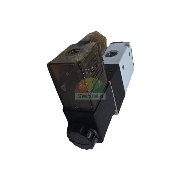Solenoid valve with a black coil and transparent amber connector on a white background