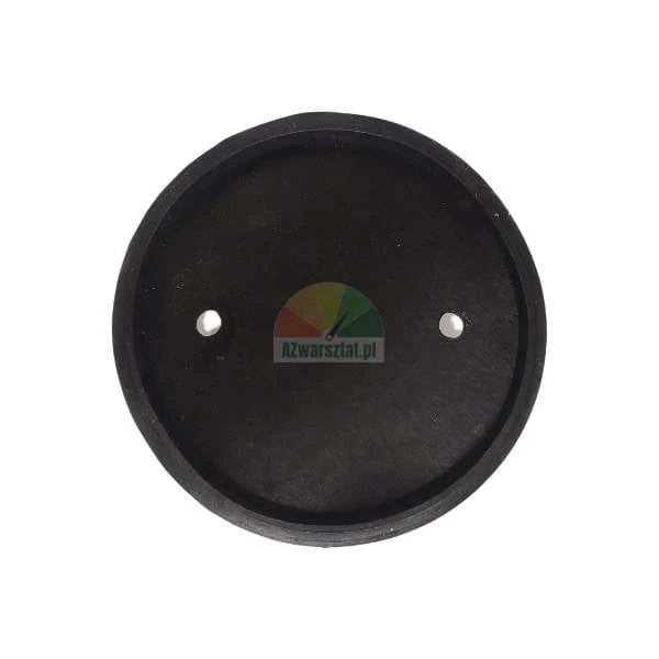 Black circular rubber gasket with two mounting holes on a white background.