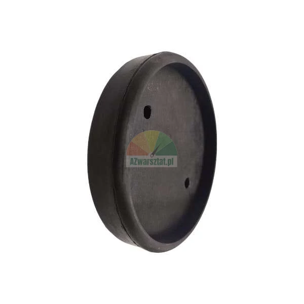 Black round rubber gasket with two mounting holes on a white background.