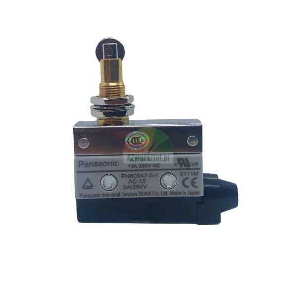 Panasonic AZ7311 limit switch with a roller plunger actuator, 10A 250V AC rating, industrial automation component.