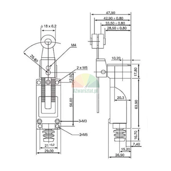 Technical drawing showing front and side views of a limit switch with precise dimensions in millimeters.