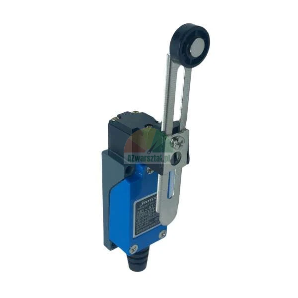 Limit switch with adjustable roller lever, blue and grey housing.