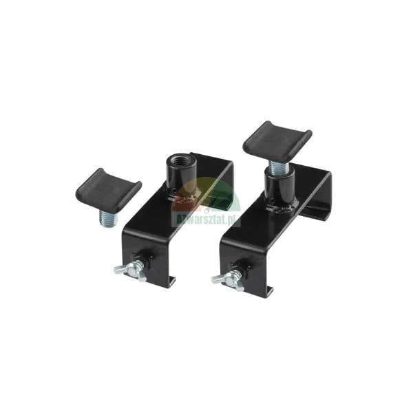 Set of two black steel lift adapters with adjustable screws and U-shaped supports on a white background.