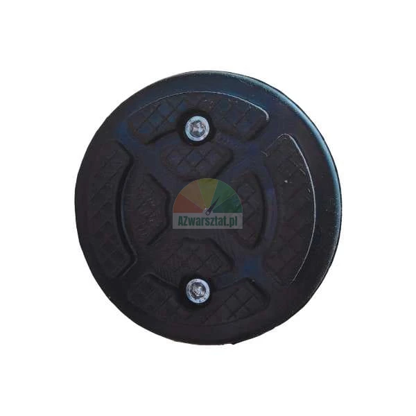 Black round plastic manhole cover with anti-slip texture and two screws