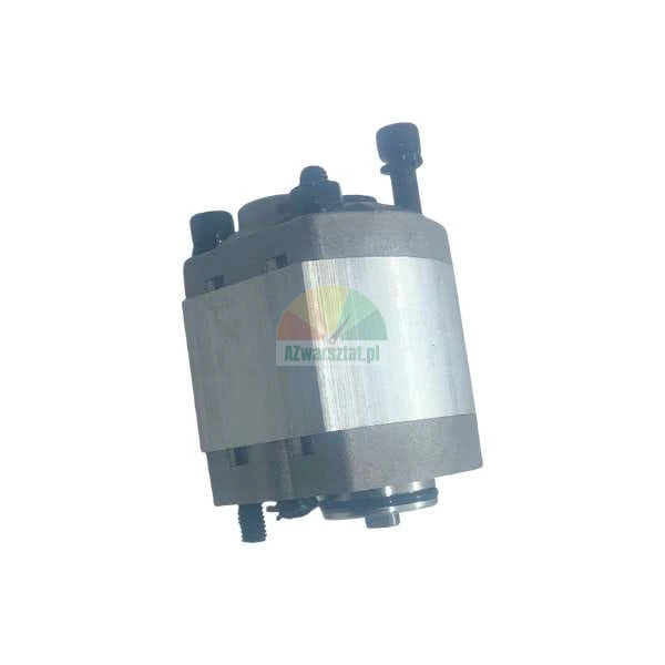 Hydraulic gear pump for machinery, side view showing metal housing and mounting bolts.
